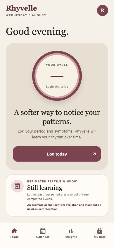 Rhyvelle Today screen showing a private daily cycle check-in